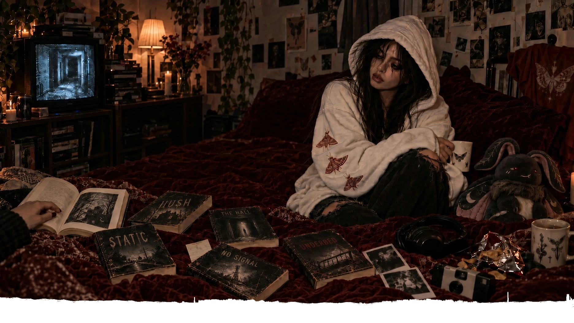 A late-night bedroom with horror books spread across an oxblood bed, a model in the Night Shift Hoodie, Mimi plush and a CRT television