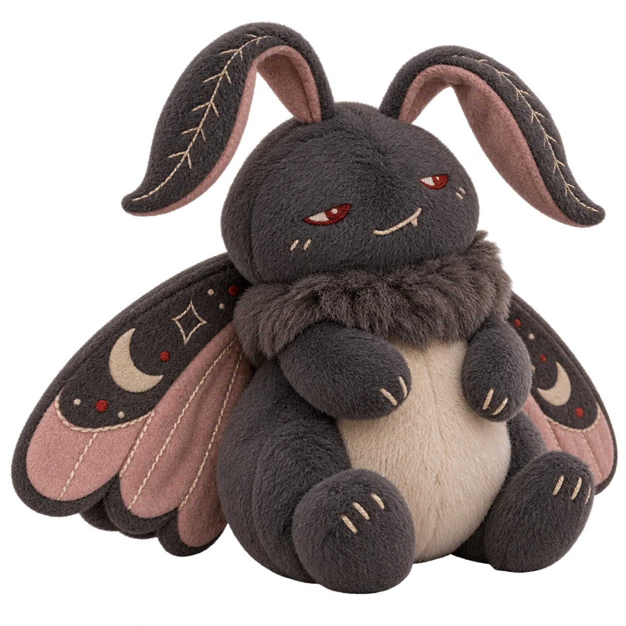 Soft charcoal and pink moth mascot plush